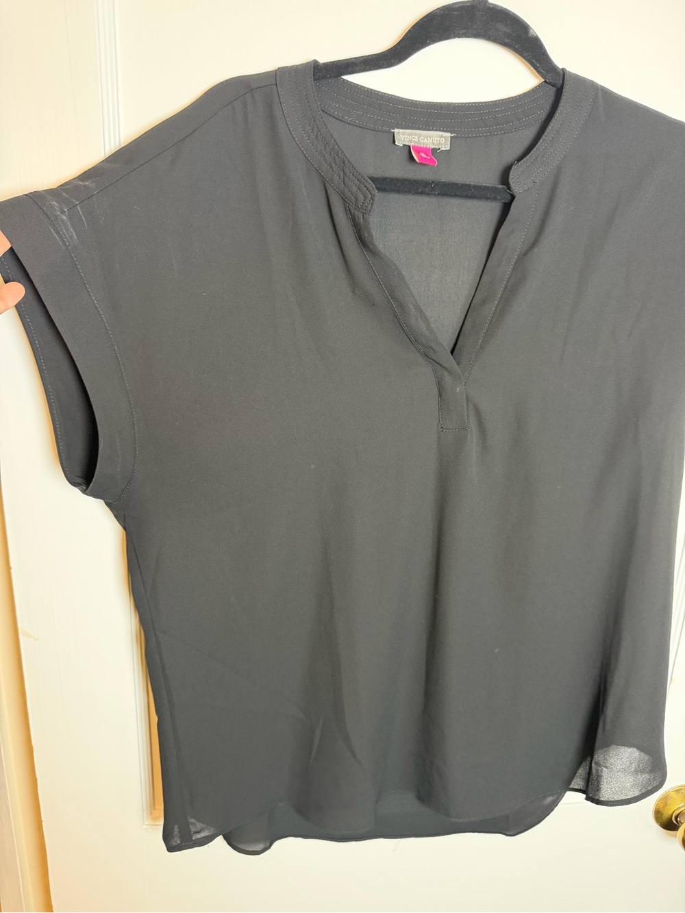Vince Camuto Black Solid Chiffon V-Neck Short Sleeve Blouse Women’s XL